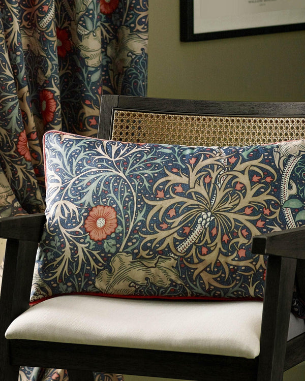 Morris & Co Seaweed Printed Velvet Cushion in Indigo