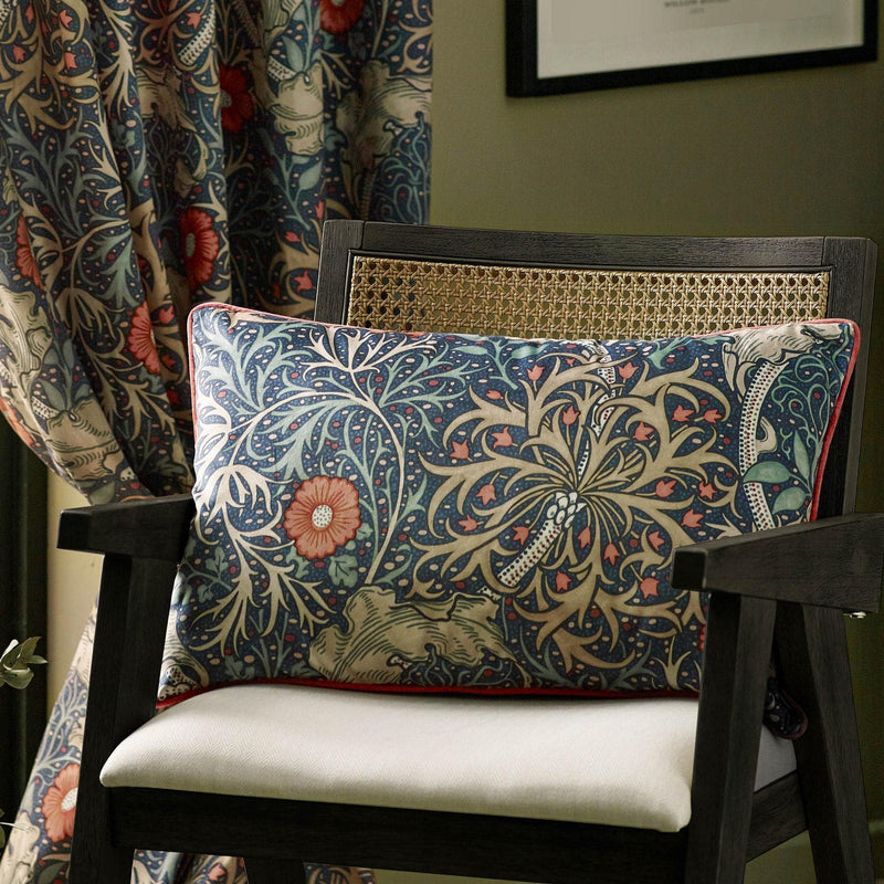 Morris & Co Seaweed Printed Velvet Cushion in Indigo