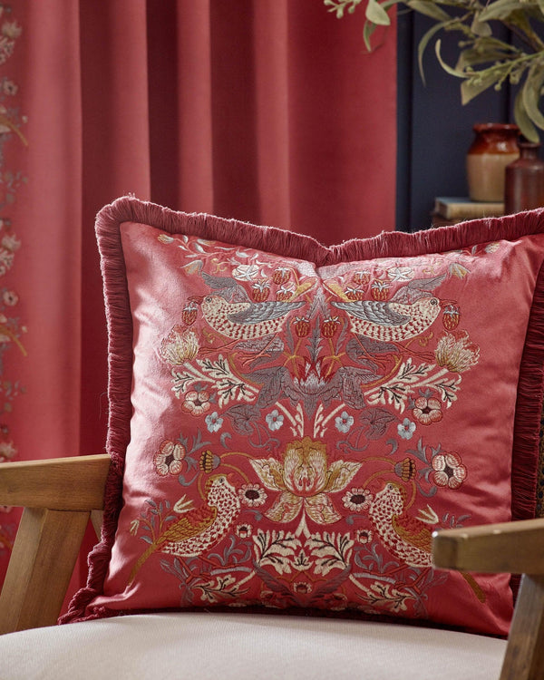 Morris & Co Strawberry Thief Embroidered Velvet Cushion in Berry