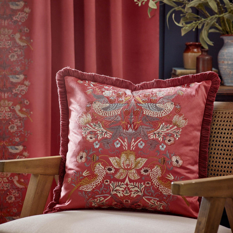 Morris & Co Strawberry Thief Embroidered Velvet Cushion in Berry