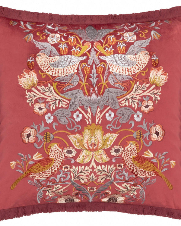 Morris & Co Strawberry Thief Embroidered Velvet Cushion in Berry