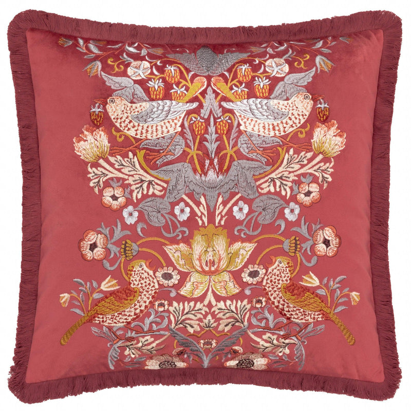 Morris & Co Strawberry Thief Embroidered Velvet Cushion in Berry