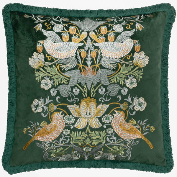 Morris & Co Strawberry Thief Embroidered Velvet Cushion in Forest