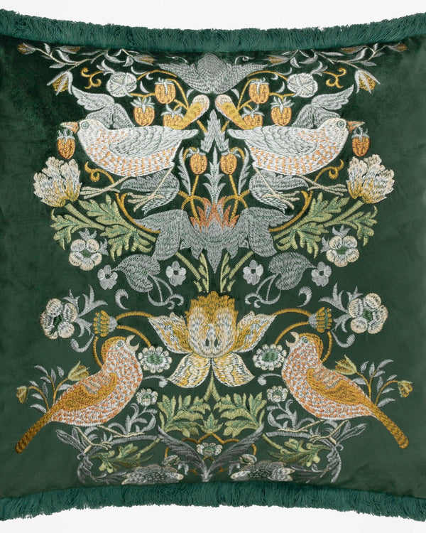 Morris & Co Strawberry Thief Embroidered Velvet Cushion in Forest