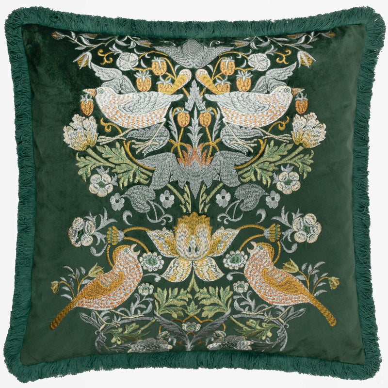 Morris & Co Strawberry Thief Embroidered Velvet Cushion in Forest