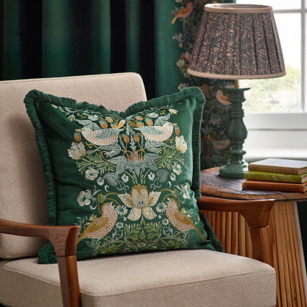Morris & Co Strawberry Thief Embroidered Velvet Cushion in Forest