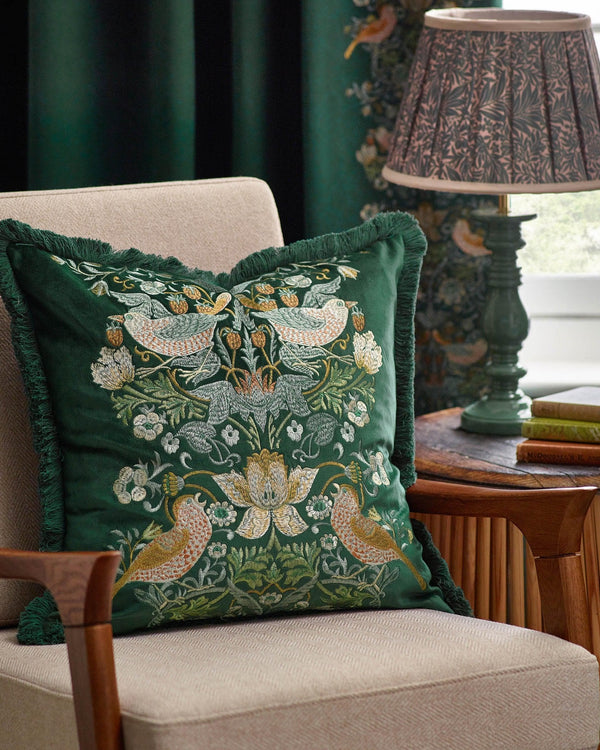 Morris & Co Strawberry Thief Embroidered Velvet Cushion in Forest