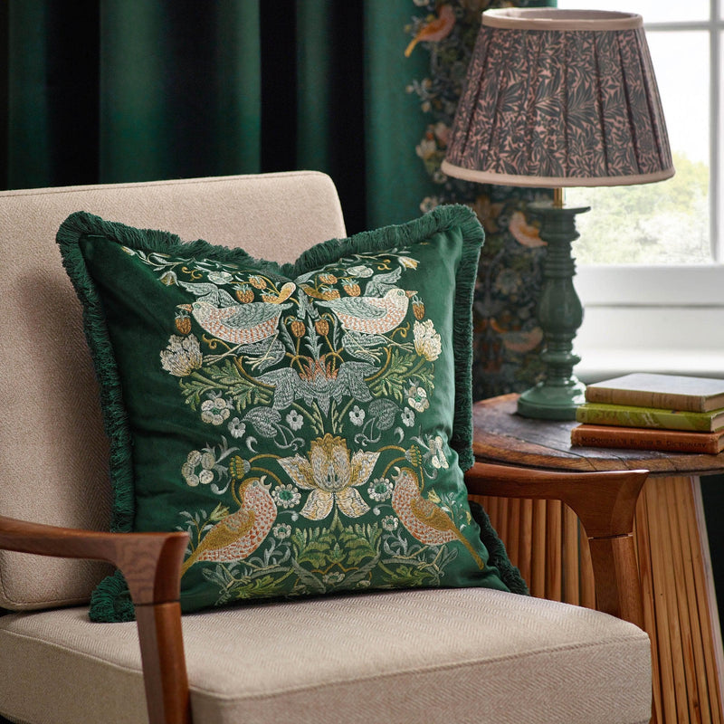 Morris & Co Strawberry Thief Embroidered Velvet Cushion in Forest