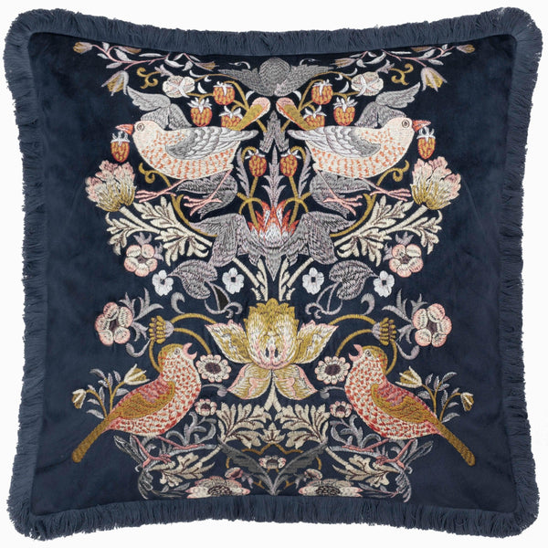 Morris & Co Strawberry Thief Embroidered Velvet Cushion in Indigo
