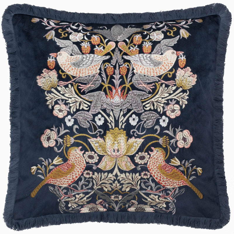 Morris & Co Strawberry Thief Embroidered Velvet Cushion in Indigo
