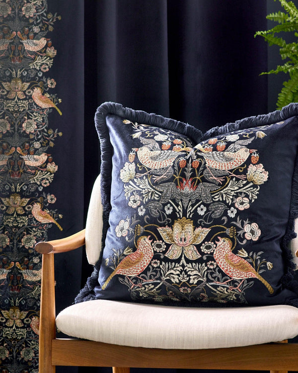Morris & Co Strawberry Thief Embroidered Velvet Cushion in Indigo