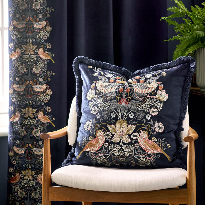 Morris & Co Strawberry Thief Embroidered Velvet Cushion in Indigo
