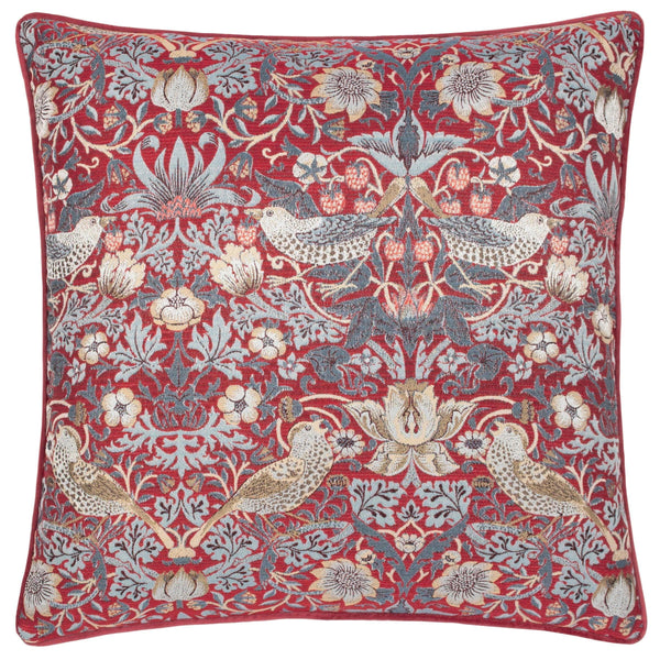 Morris & Co Strawberry Thief Piped Jacquard Cushion in Berry