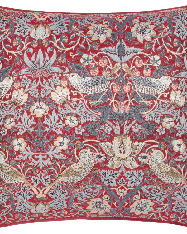 Morris & Co Strawberry Thief Piped Jacquard Cushion in Berry