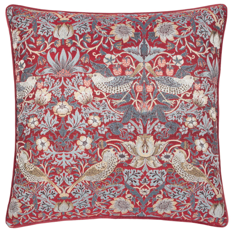 Morris & Co Strawberry Thief Piped Jacquard Cushion in Berry