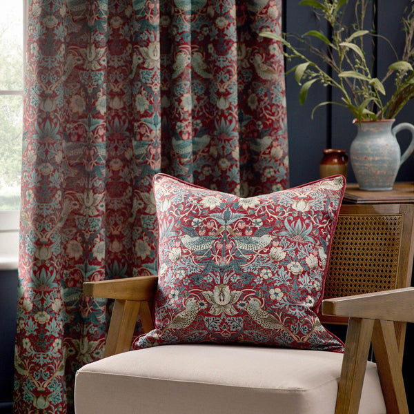 Morris & Co Strawberry Thief Piped Jacquard Cushion in Berry