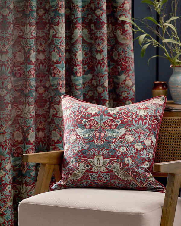 Morris & Co Strawberry Thief Piped Jacquard Cushion in Berry