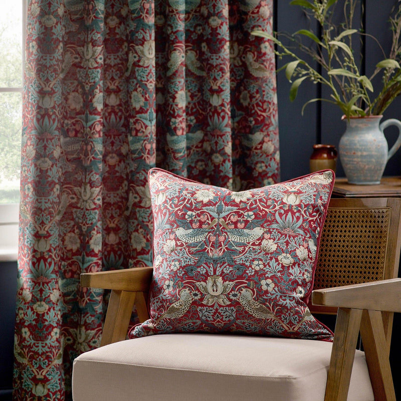 Morris & Co Strawberry Thief Piped Jacquard Cushion in Berry