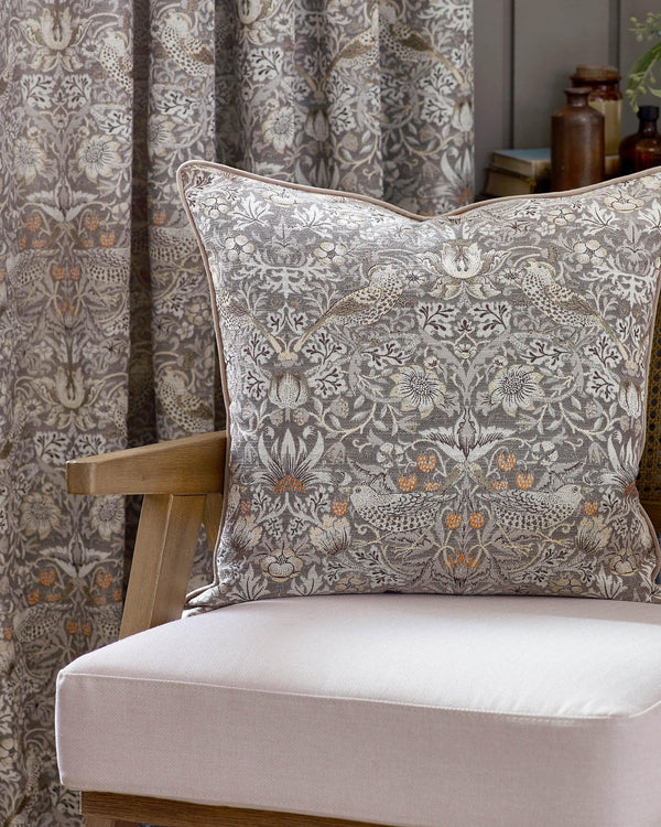 Morris & Co Strawberry Thief Piped Jacquard Cushion in Biscuit