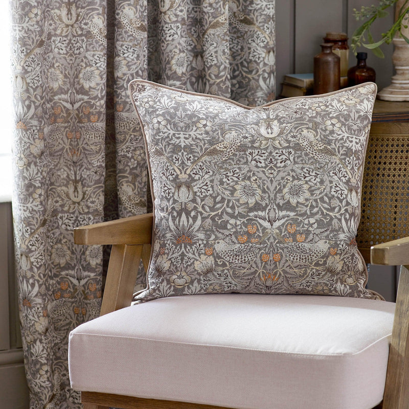 Morris & Co Strawberry Thief Piped Jacquard Cushion in Biscuit