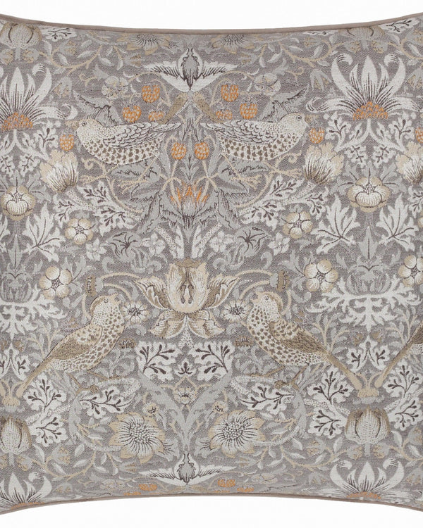 Morris & Co Strawberry Thief Piped Jacquard Cushion in Biscuit