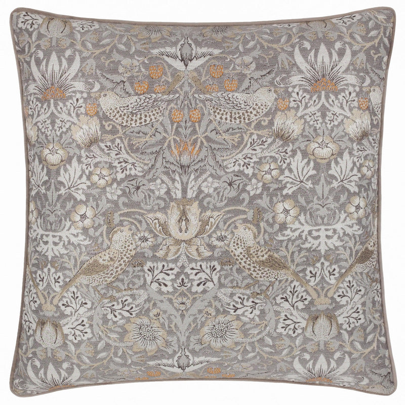 Morris & Co Strawberry Thief Piped Jacquard Cushion in Biscuit