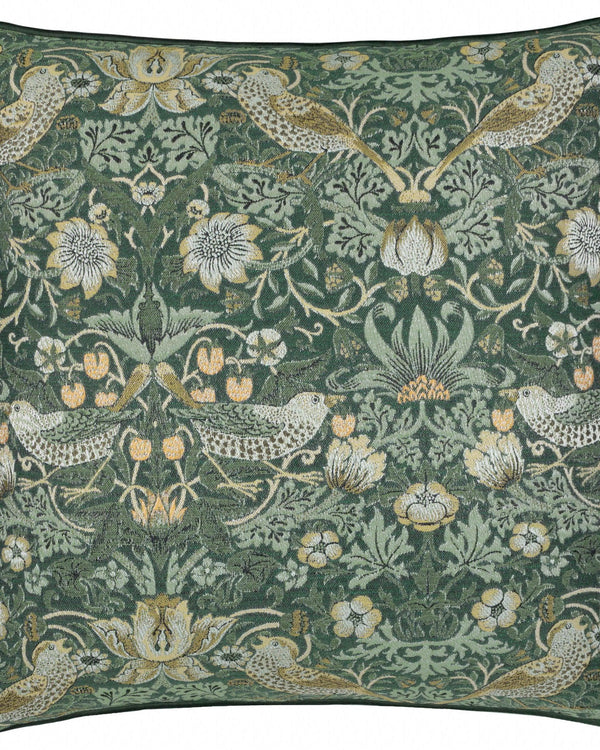 Morris & Co Strawberry Thief Piped Jacquard Cushion in Forest