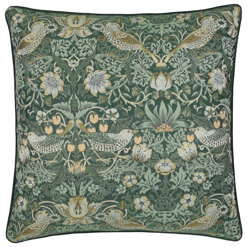 Morris & Co Strawberry Thief Piped Jacquard Cushion in Forest
