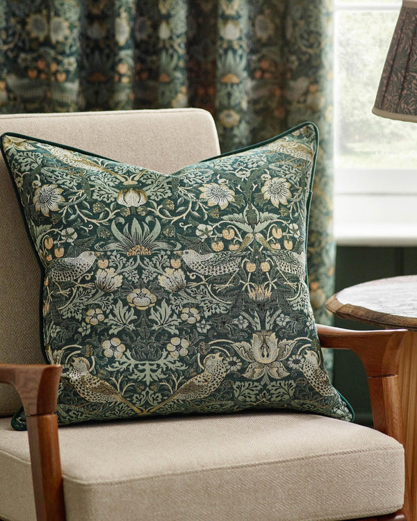 Morris & Co Strawberry Thief Piped Jacquard Cushion in Forest