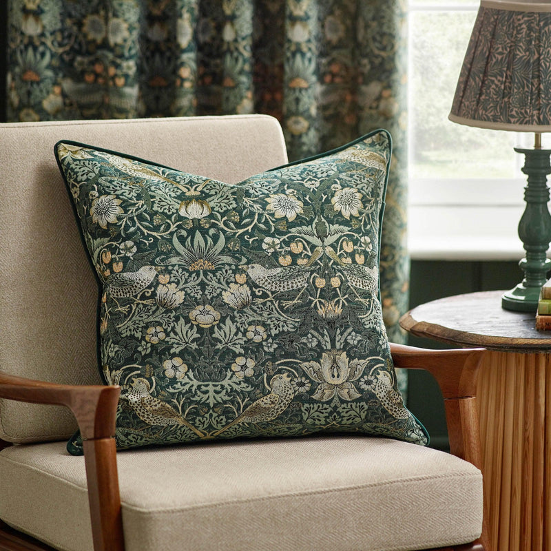 Morris & Co Strawberry Thief Piped Jacquard Cushion in Forest