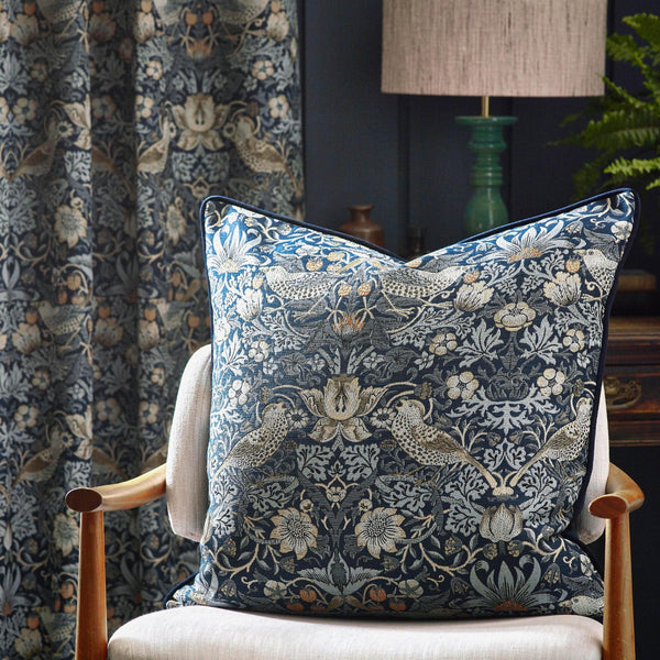 Strawberry Thief Piped Jacquard Cushion in Indigo by Morris & Co.