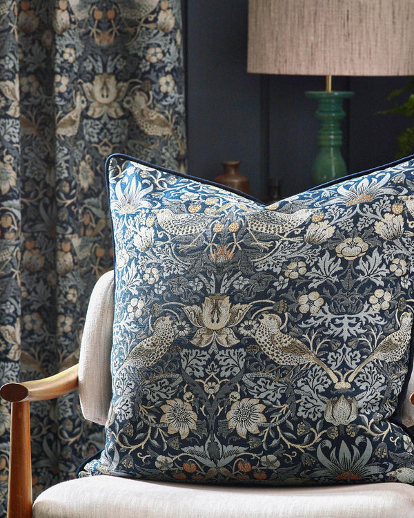 Strawberry Thief Piped Jacquard Cushion in Indigo by Morris & Co.