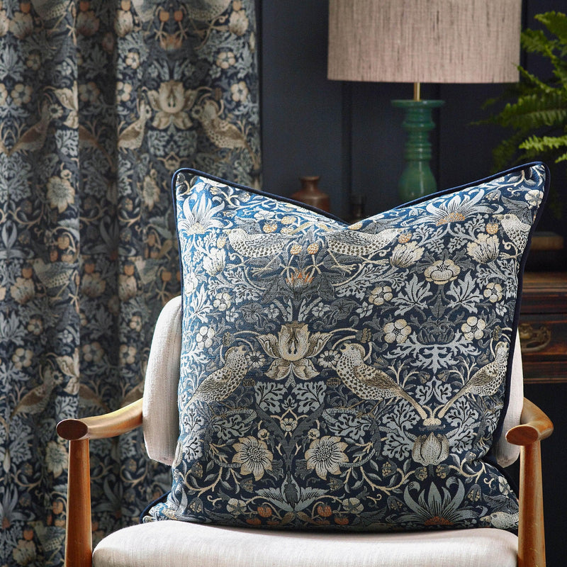 Strawberry Thief Piped Jacquard Cushion in Indigo by Morris & Co.