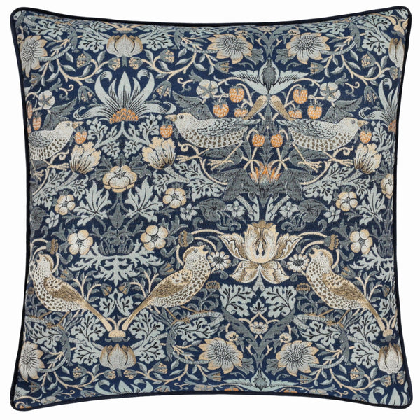 Strawberry Thief Piped Jacquard Cushion in Indigo by Morris & Co.