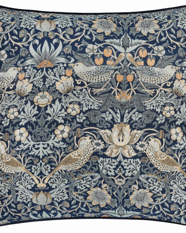 Strawberry Thief Piped Jacquard Cushion in Indigo by Morris & Co.