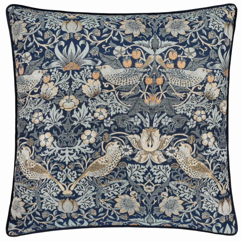 Strawberry Thief Piped Jacquard Cushion in Indigo by Morris & Co.
