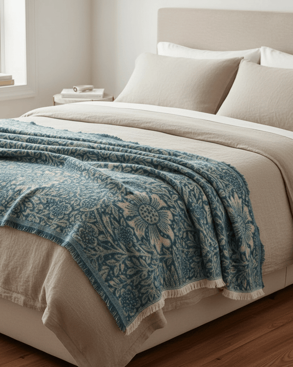 Morris & Co Marigold Jacquard Throw Indigo