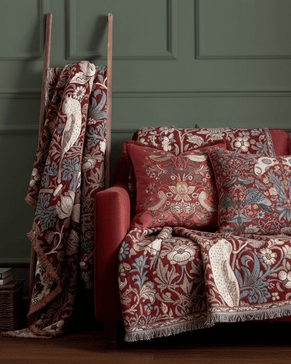 Morris & Co Strawberry Thief Jacquard Throw Berry
