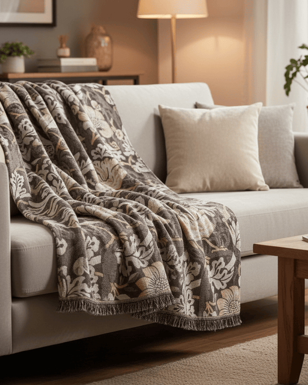 Morris & Co Strawberry Thief Jacquard Throw Biscuit