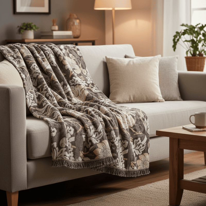 Morris & Co Strawberry Thief Jacquard Throw Biscuit