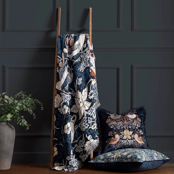 Morris & Co Strawberry Thief Jacquard Throw Indigo