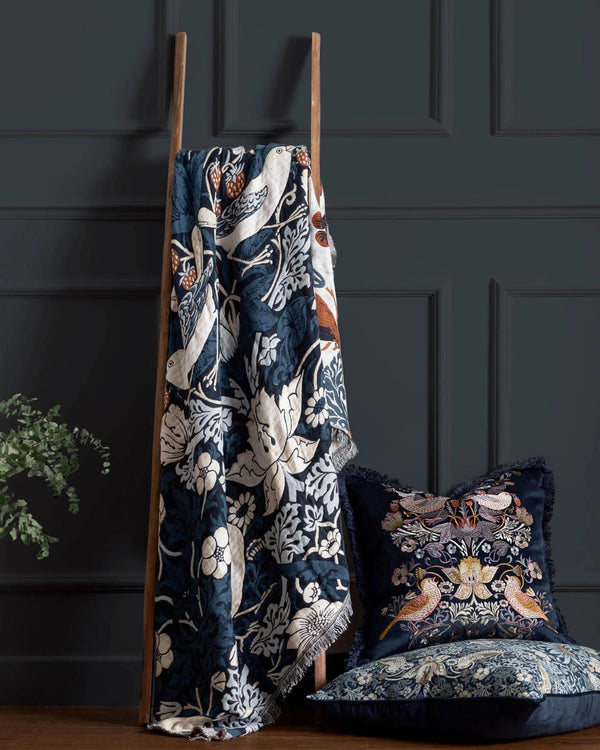 Morris & Co Strawberry Thief Jacquard Throw Indigo