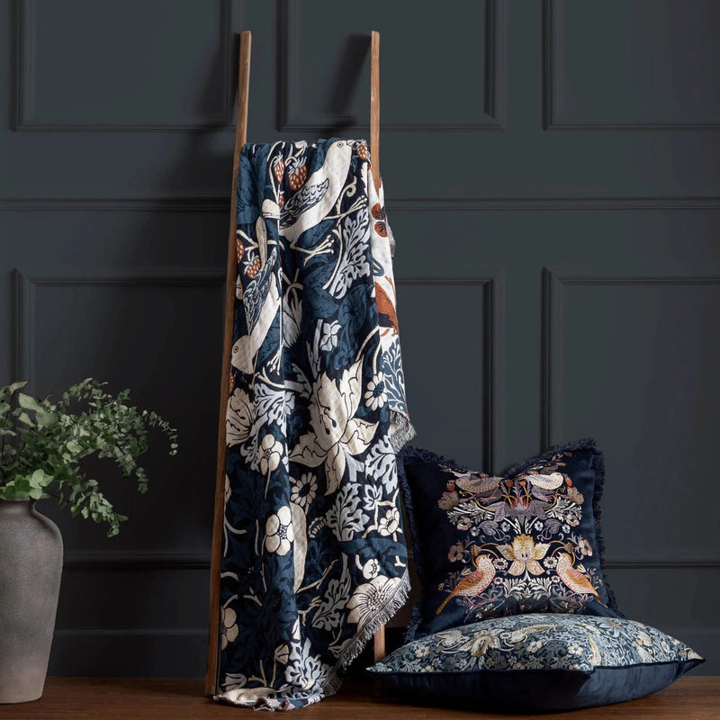 Morris & Co Strawberry Thief Jacquard Throw Indigo