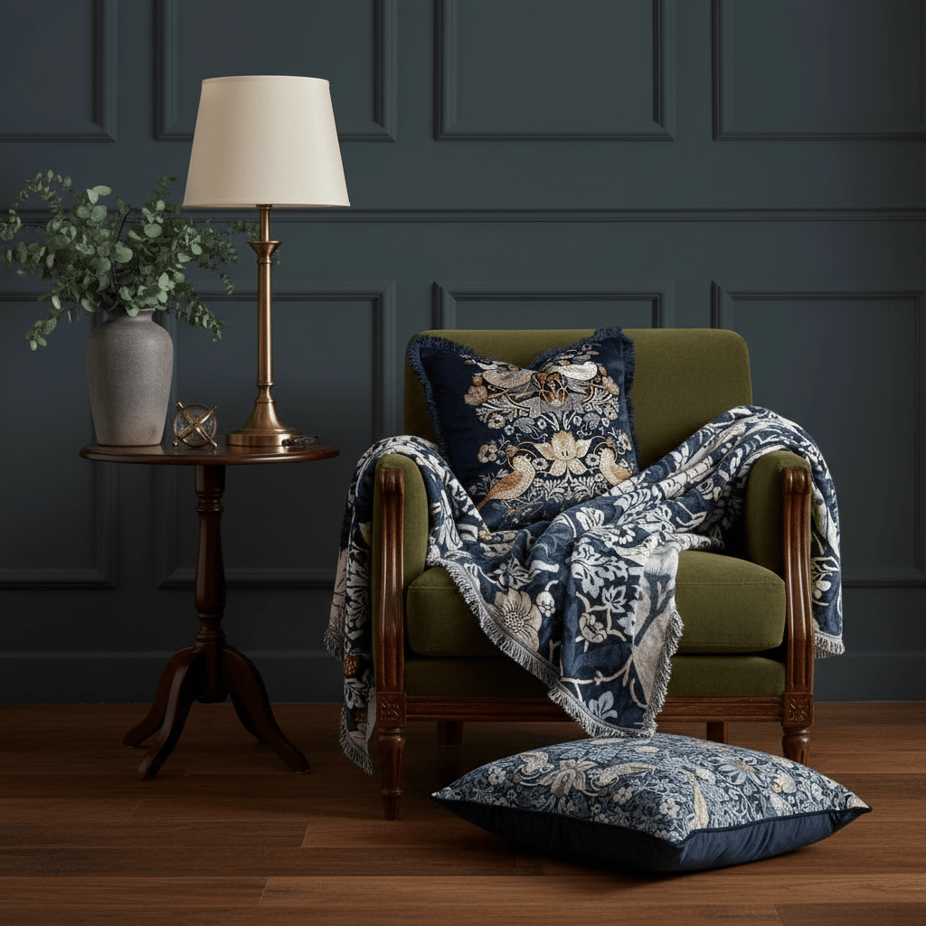 Morris & Co (Riva Home) Morris & Co Throw Morris & Co Strawberry Thief Jacquard Throw Indigo