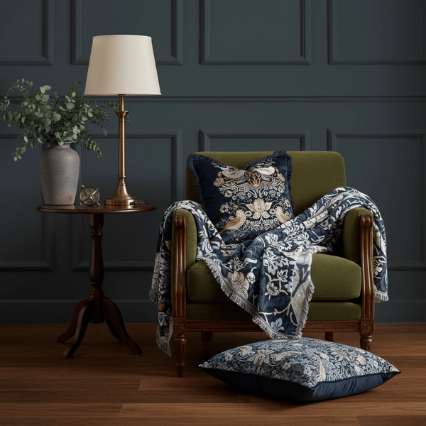 Morris & Co Strawberry Thief Jacquard Throw Indigo