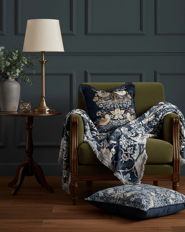 Morris & Co Strawberry Thief Jacquard Throw Indigo