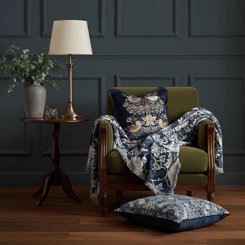 Morris & Co Strawberry Thief Jacquard Throw Indigo