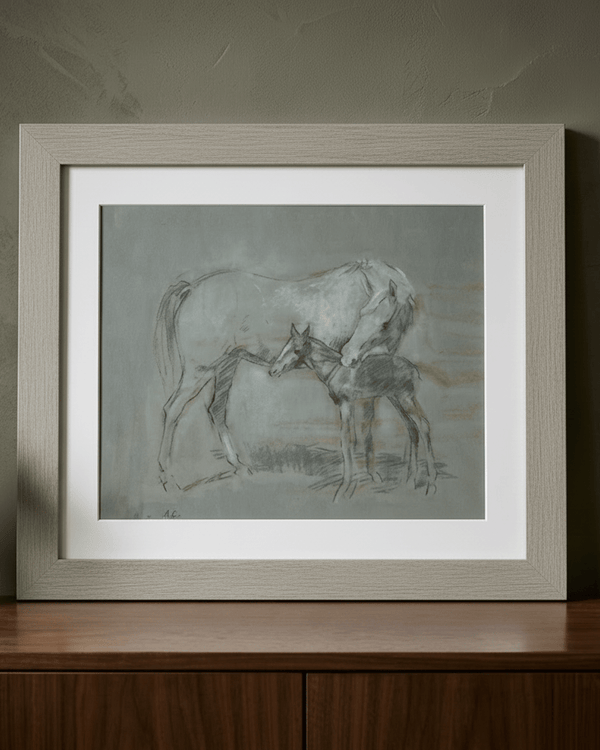 MARE AND FOAL GREY FRAMED PRINT by Original Irish Art