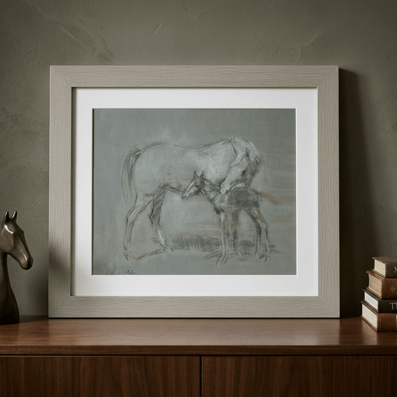 MARE AND FOAL GREY FRAMED PRINT by Original Irish Art