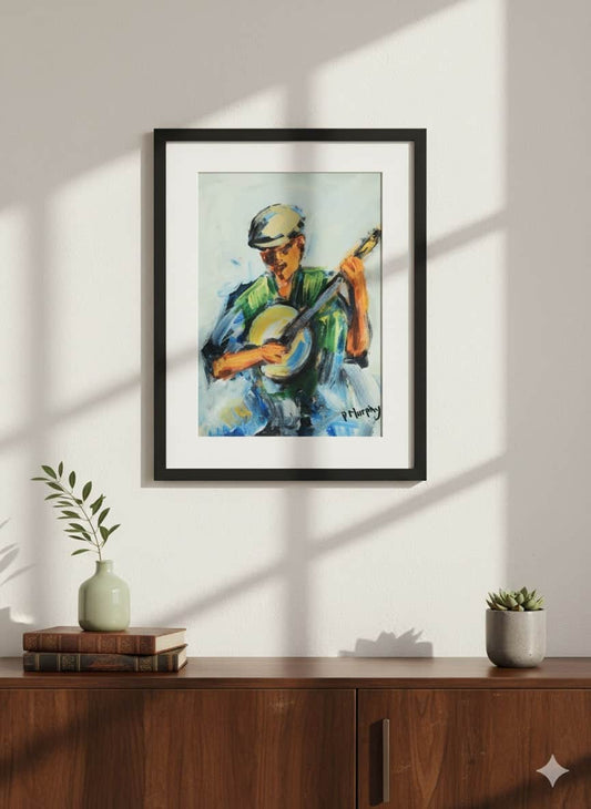 Original Irish Art Print THE BANJO PLAYER FRAMED ART PRINT by P. Murphy